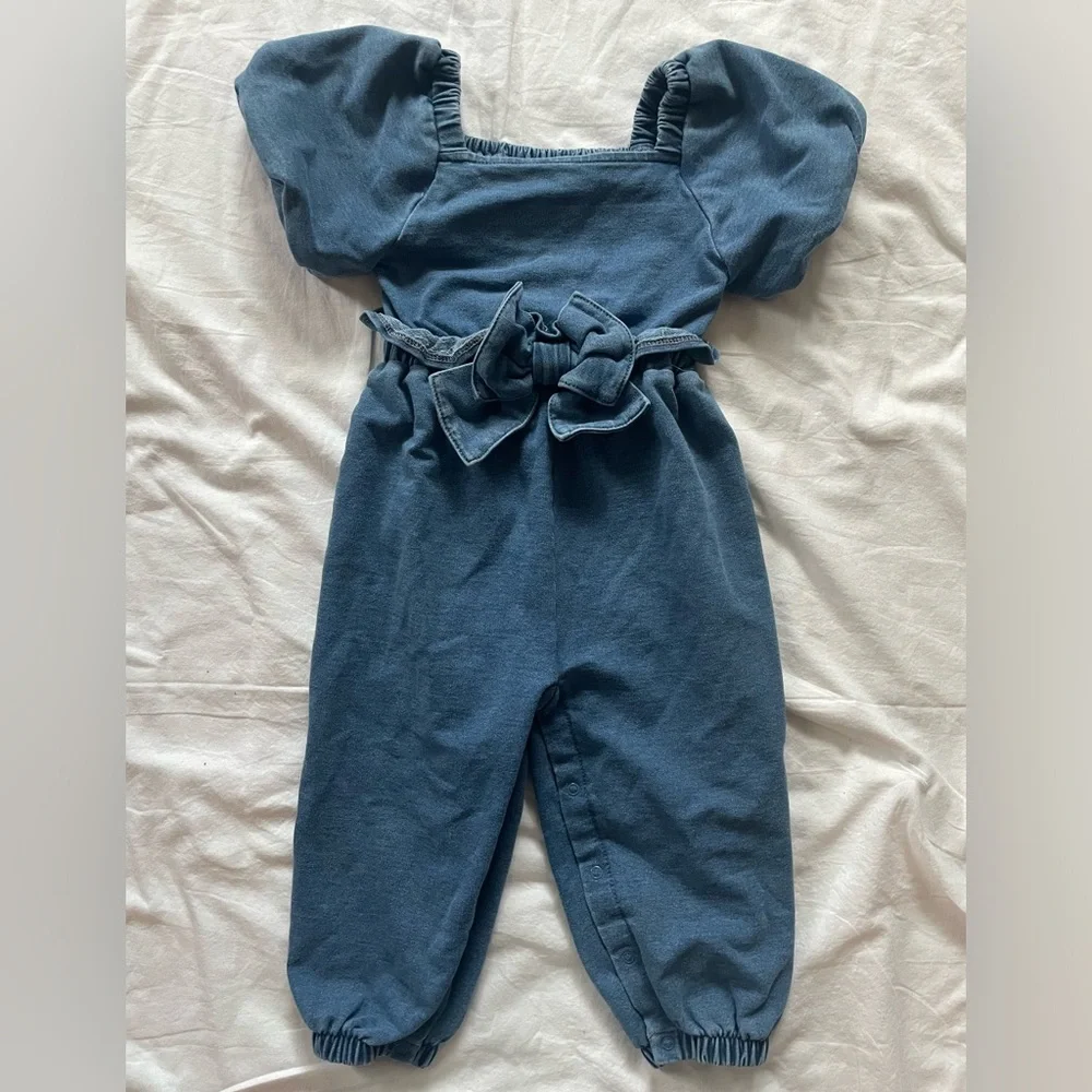 Habitual Kids Denim Like Romper with Ruffles and Bow 18 Months - Picture 1 of 8